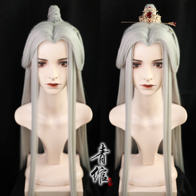 Chinese hanfu warrior prince swordsman cosplay wig for men Silver white male wig headwear Han suit male sword show master ancient costume Prince cosplay wig