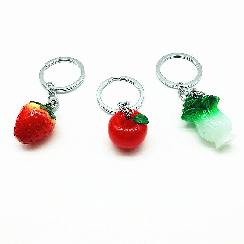 Creative and Unique Artificial Fruit Keychain in the Shape of Strawberry, Apple, and Cabbage, Made of Resin, Fashionable, Fresh, Cute, and Trendy