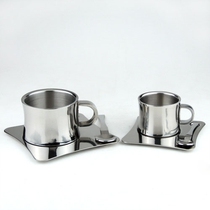 European style high-grade 304 stainless steel coffee cup milk tea cup with dish spoon three-piece thick double-layer anti-hot