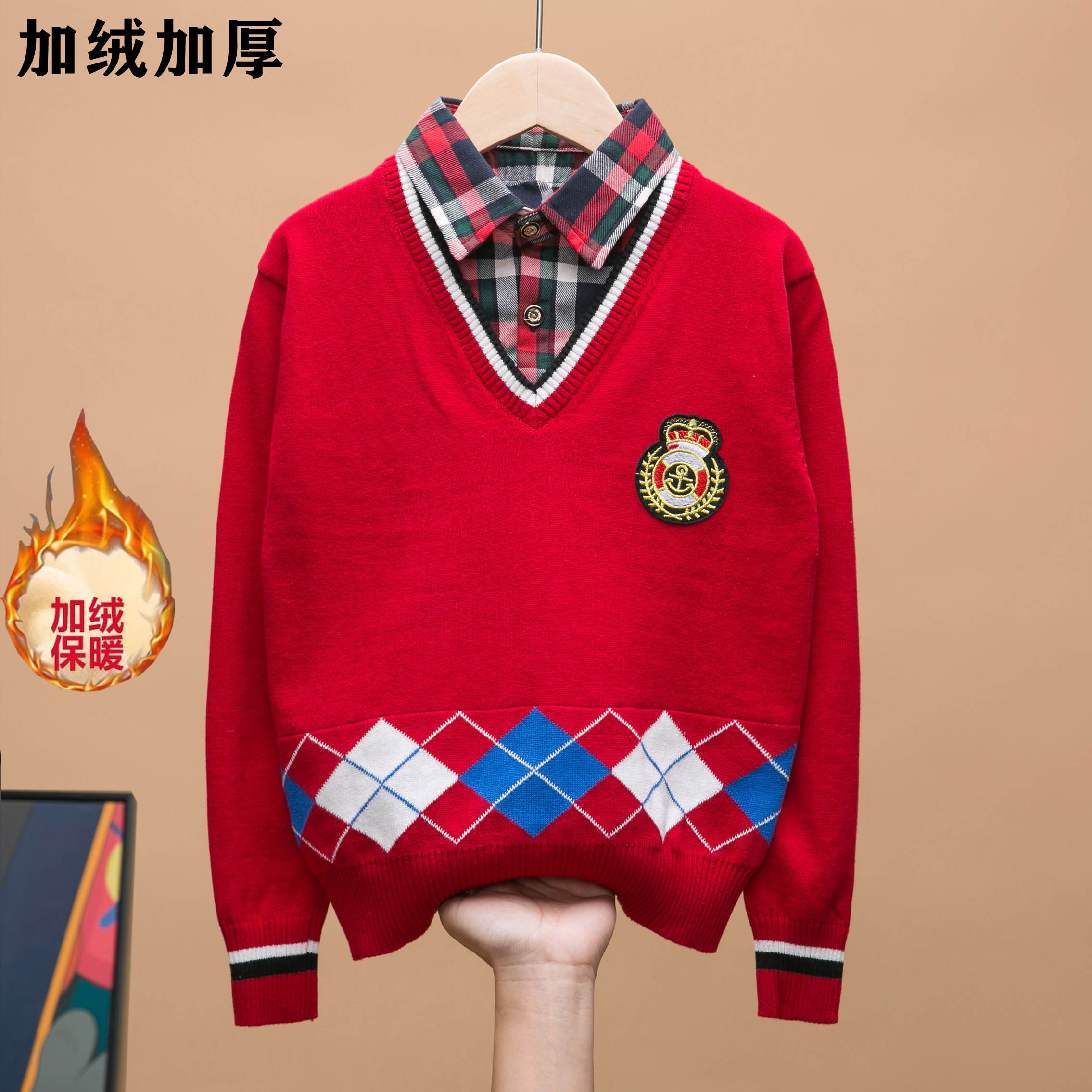 Plus velvet spring, autumn and winter cotton knitted sweater cotton boy natal year pullover red sweater fake two pieces in the big boy