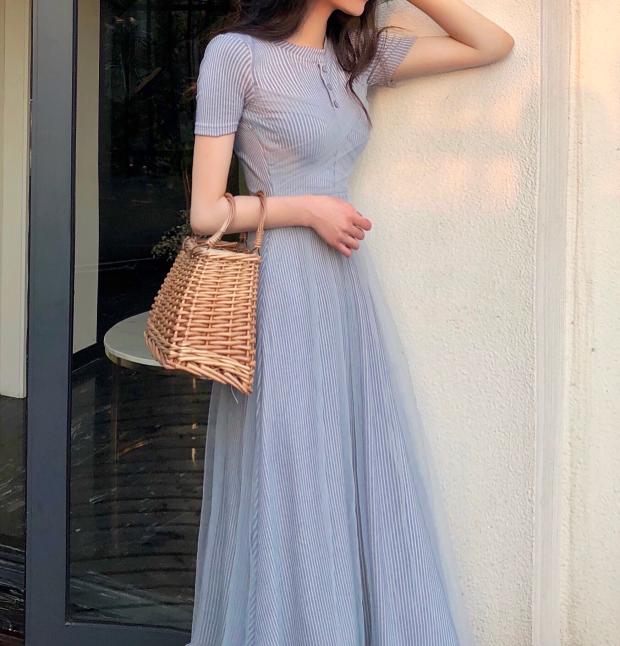 VK旗艦店 韓系針織網紗高腰甜美仙女短袖洋裝