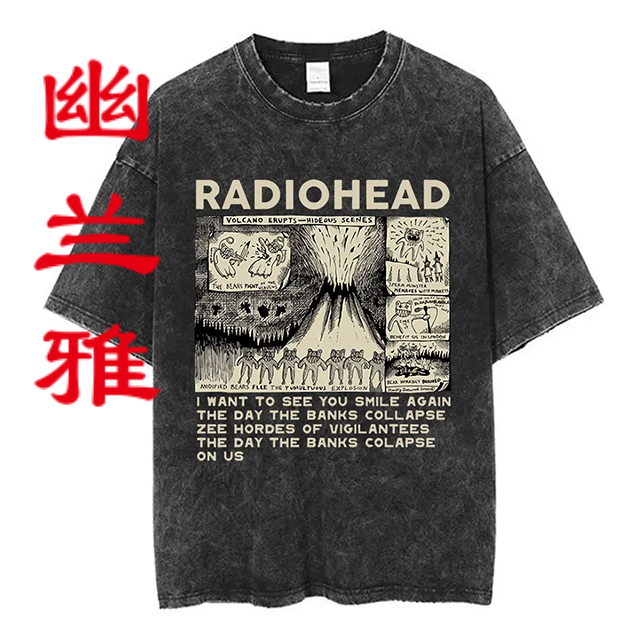 Retro British Rock Band Radiohead Washed Black Distressed Printed Round Neck T-Shirt Short-Sleeved Hip-Hop Top