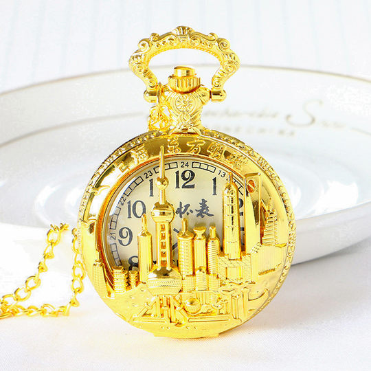 老式金色怀表东方明珠上海旅游景点纪念品翻盖石英项链挂表镂空表