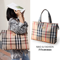Korean Plaid waterproof Oxford cloth A4 handbag shoulder bag tuition bag carrying book bag hand-carrying zipper horizontal square bag