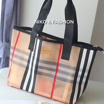 Korean fashion Plaid waterproof translucent light shoulder Hand bag travel bag swimming fitness bag large capacity female