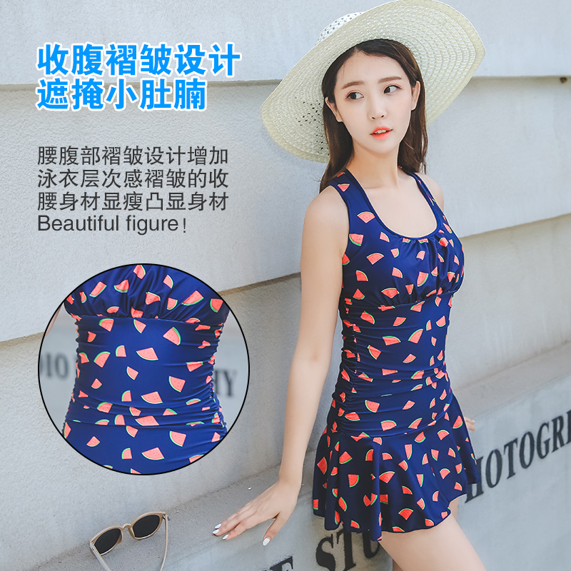 Swimwear Women's thin belly skirt large size one-piece conservative boxer swimsuit Small chest sexy student hot spring swimsuit