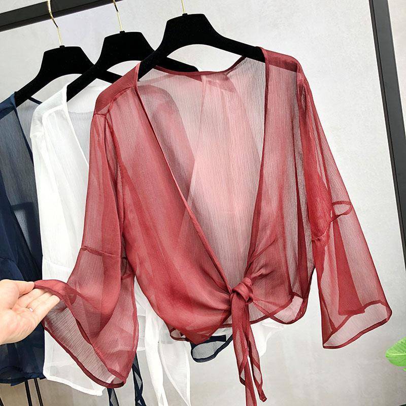 Spring and autumn short cardigan women's solid color wild horn sleeve Chiffon thin jacket with sundress small outer shawl
