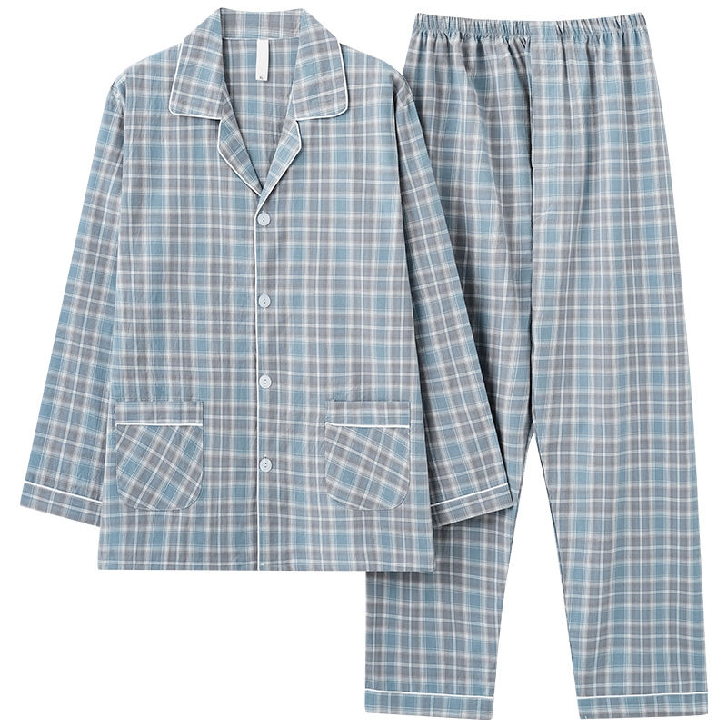 100% Cotton Yarn-Dyed Fabric Thin Men's Pure Cotton Pajamas Spring and Autumn Plus Size Long-Sleeved Loungewear Set