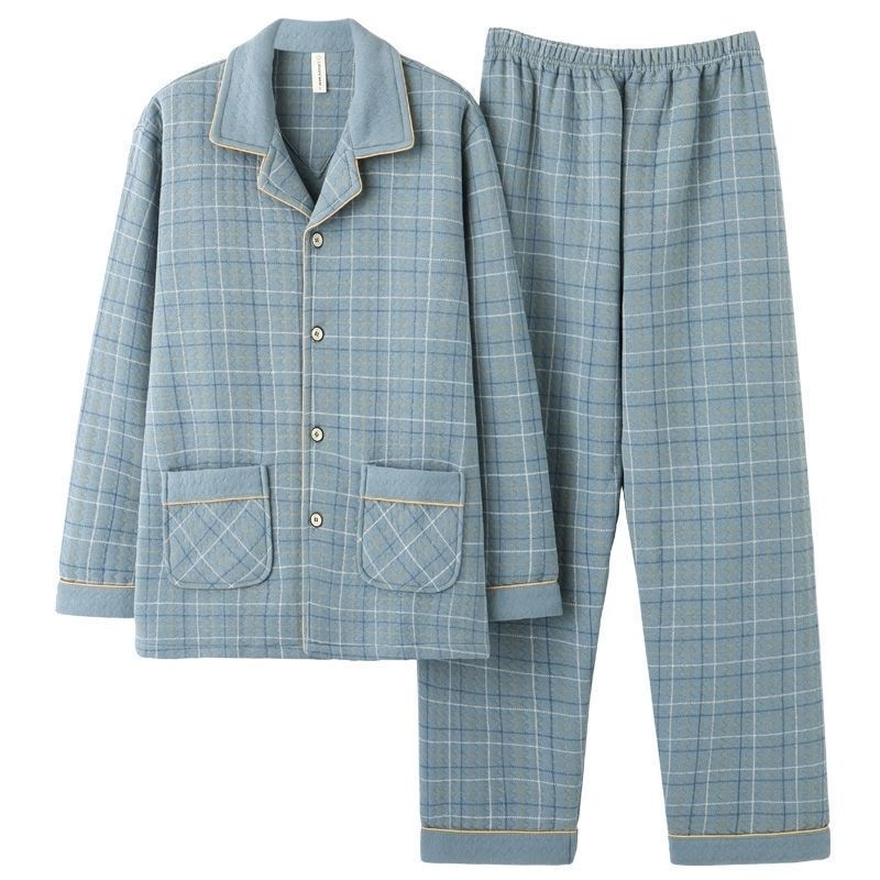 Biqiu Meili Three-Layer Pure Cotton Thickened Interlayer Thin Quilted Air Cotton Men's Pajamas Autumn and Winter Home Wear Set