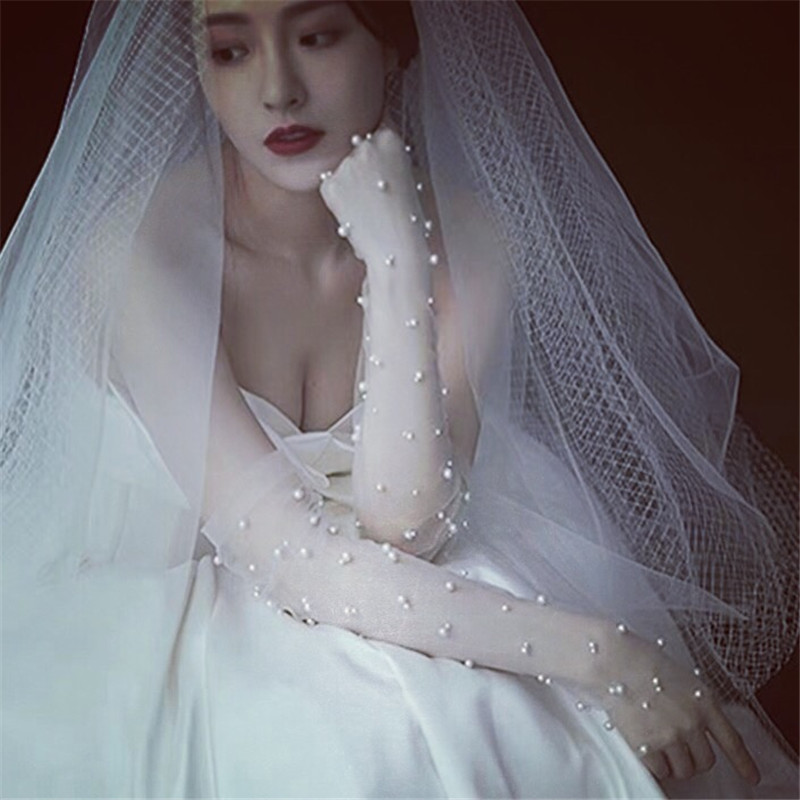 Bridal Gloves White Wedding Dresses Pearl Mesh Yarn Gloves White Yarn Long Version Brigade Filming Shadi Arm Summer Thin