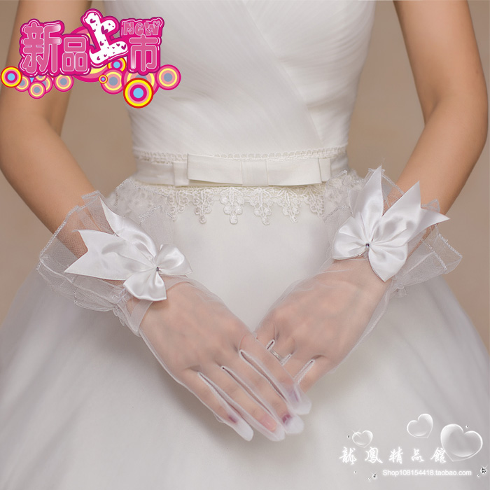 Bride Wedding Dress Bowknot White Gloves Lace Wedding Dress Short Mesh Gloves Korean Style