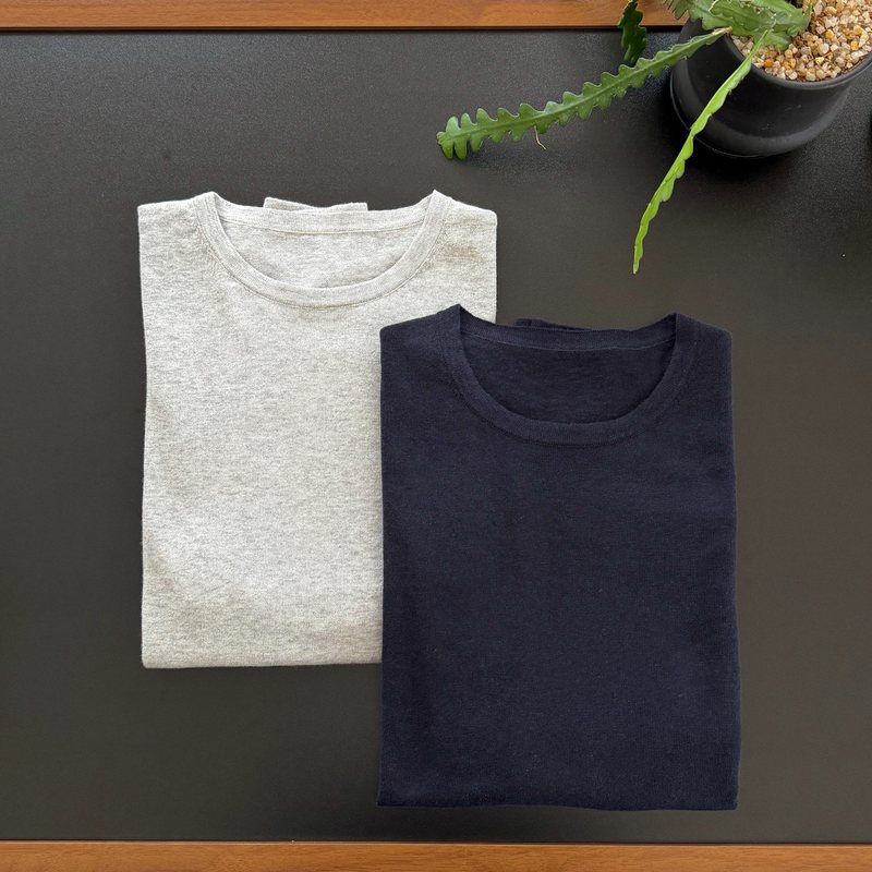 From Autumn Upw Linen-Cotton Blend Round Neck 8-Quarter Sleeve Knit T-Shirt