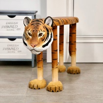 Changing shoes stool home doorway solid wood hand engraving creative old tiger head Genguan Wearing Shoes stool Short stool Town Residence Swaying pieces