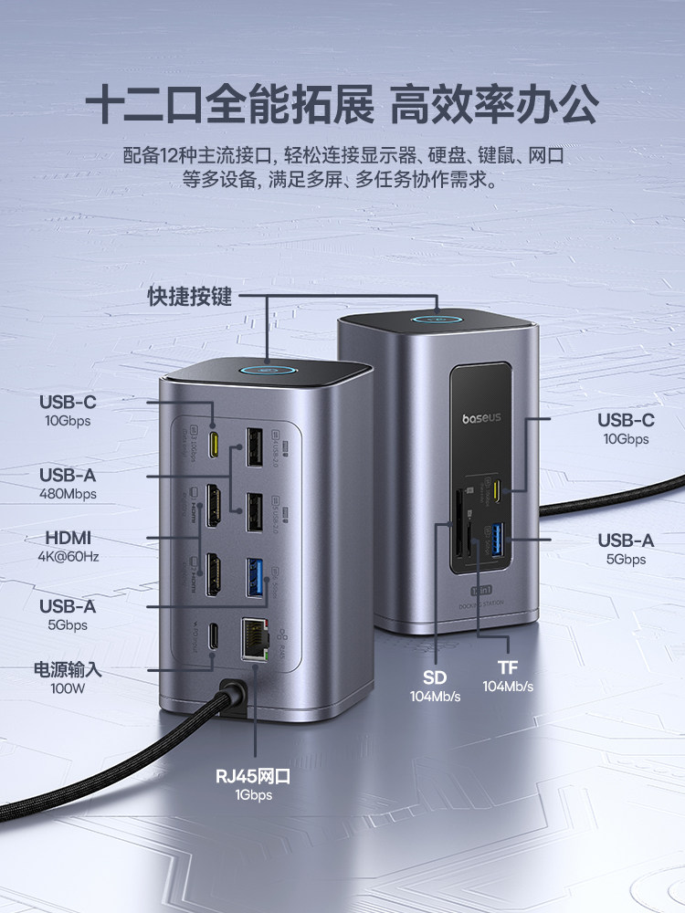 Baseus Docking Station Type-C Expansion HDMI Screen Projection Converter USB Hub Multi-Interface Adapter Suitable for Huawei Apple Thunderbolt 4 Laptops, Mobile Phones, Tablets