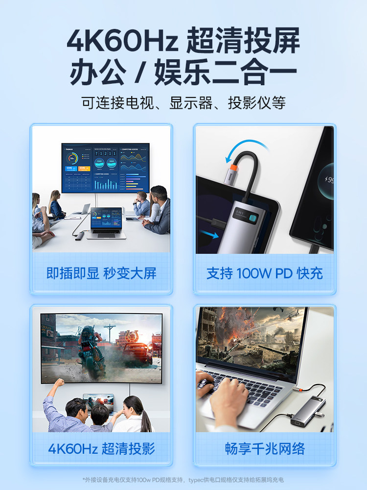 Baseus Docking Station Type-C Expansion HDMI Screen Projection USB Splitter Adapter Hub Thunderbolt 4 Multi-Interface Network Cable Converter Suitable for Computers iPad Laptops Tablets Mobile Phones