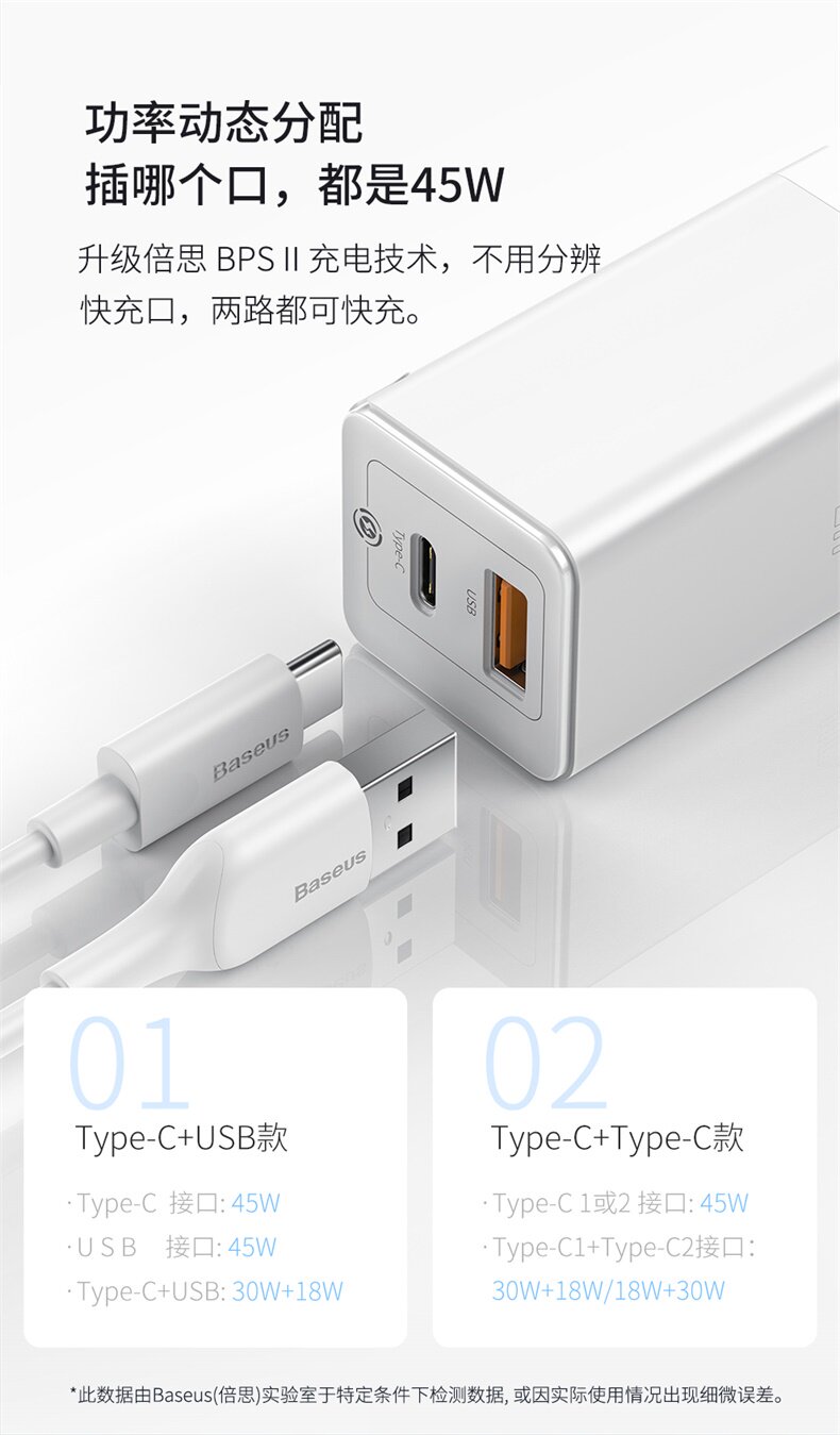 倍思 45W氮化镓充电器 USB+C口 支持苹果PD快充 图5