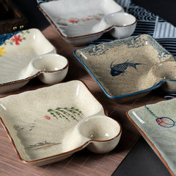 Japanese Retro Ceramic Hand-Painted Dumpling Plate with Vinegar Dish Dipping Dish Home Restaurant Square Dumpling Seafood Presentation