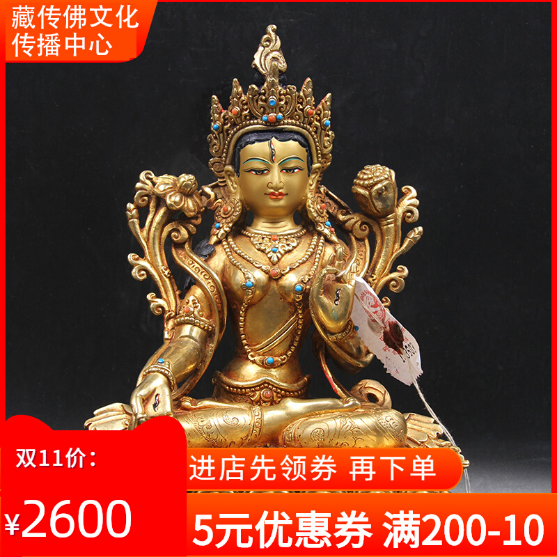 White Tara Buddha statue at home Tantric worship home decoration Tibetan Nepalese pure copper Buddha statue hand-gilt 7 inches