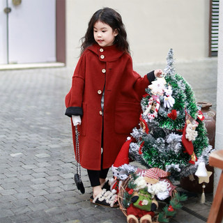 Korean Uamtor Girls' Outwear, Autumn and Winter Mid-Length Thickeneded Ankora Red Kidsren's New Year Double-Sided Cashmere Outwear