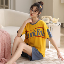 Pajamas womens summer thin model cotton round neck plus size home clothes ladies casual can wear short sleeve short pants cover