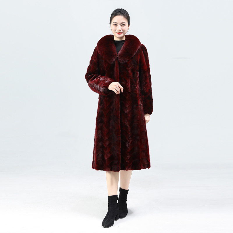 Burgundy Mink Fur Coat, Long Style with Fox Fur Collar, Fashionable and Stylish, Plus Size Genuine Mink Fur Women's Coat Burgundy Mink Fur Coat, Long Style with Fox Fur Collar, Fashionable and Stylish, Plus Size Genuine Mink Fur Women's Coat