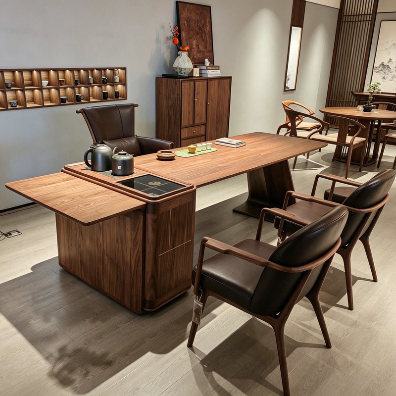 New Chinese-Style Walnut Solid Wood Tea Table Set, Light Luxury Office and Home Use Tea Table and Chair Combination