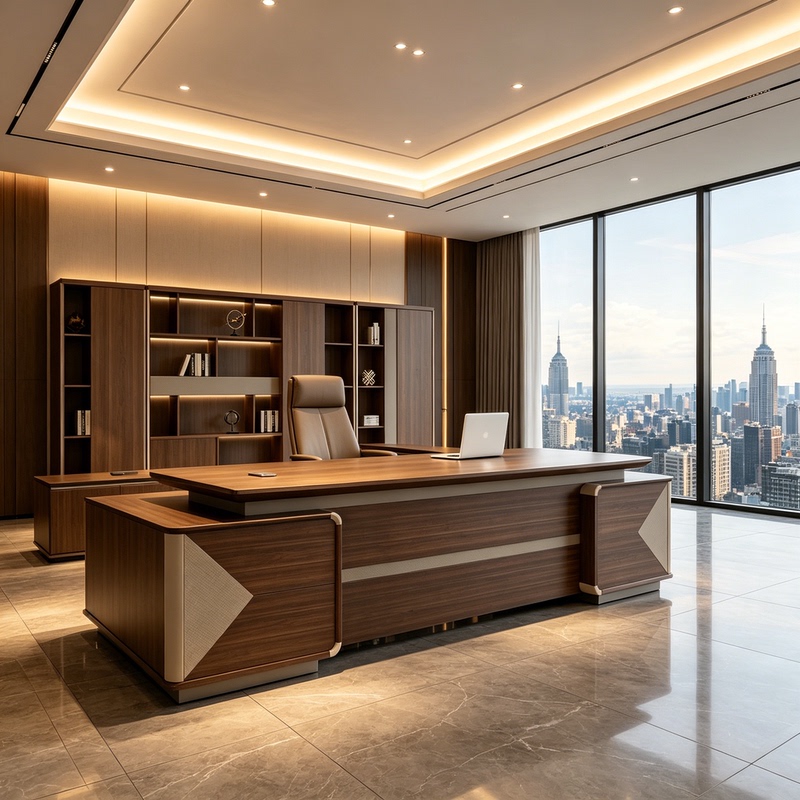 Modern Light Luxury Walnut Executive Desk with Fabric Triangular Decorative Panel Design, Simple and Elegant High-Rise Executive Office Desk
