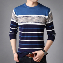 Fall mens long sleeve T-shirt thin wire-shirt male Korean version round-collar knit-jersey striped undershirt for mens damp sweater