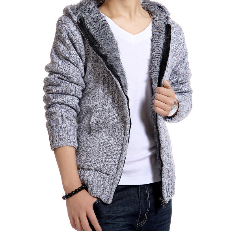Winter Men's Knitted Hooded Cardigan Plus Fleece Thickened Sweater Zipper Jacket Korean Style Slim Youth Warm Cotton Jacket