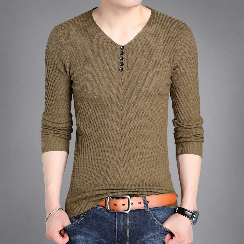 Fall V collar men long sleeves T-shirt thin section Korean version sweaters knit cardiovert pure color inner lap clothes large size Tide Men Dress Sanitary Clothes