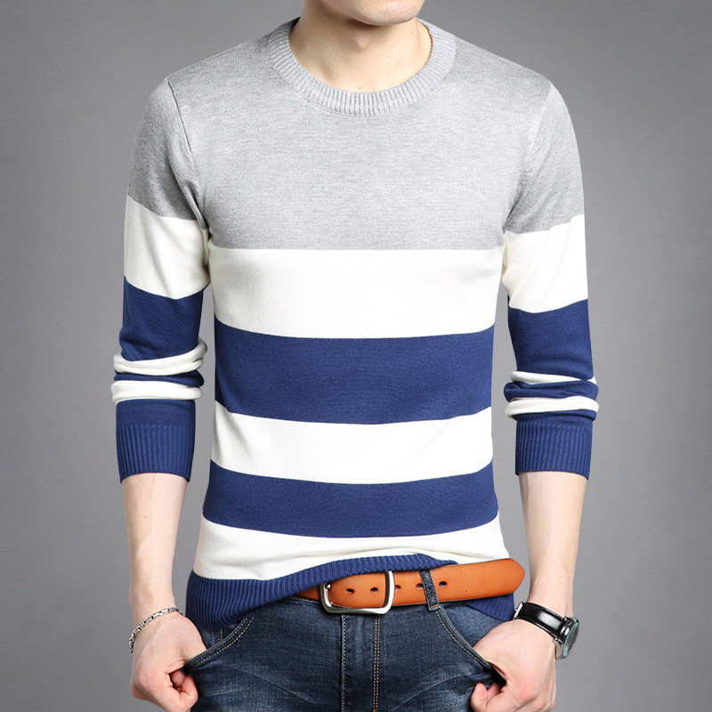 Fall new round collar men's long sleeves T-shirt slim fit streaks-knit cardiovert undershirt damp men's clothing