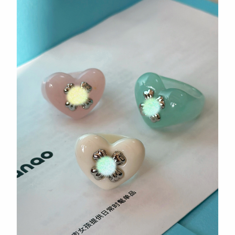 Unique Designer Celebrity Style Multi-Color Heart Resin Acrylic Ring with Cross Inlay, Sweet and Cool Ring