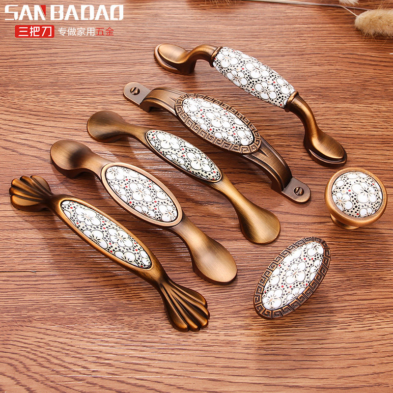 European style retro color cabinet door handle Ceramic Chinese style imitation yellow bronze handle whole cabinet wardrobe shoe cabinet door small handle