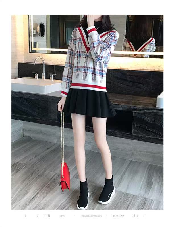 2018 phụ nữ mới của mùa thu trường gió hit màu lỏng mỏng kẻ sọc đáy một từ váy giả hai mảnh váy đầm xòe trễ vai voan