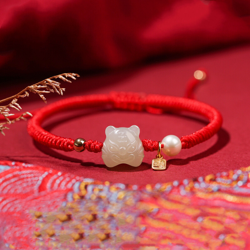 Natural Hetian Jade Zodiac Tiger Head Bracelet, Hand-Woven Red String Jade Small Tiger Bracelet for Men and Women