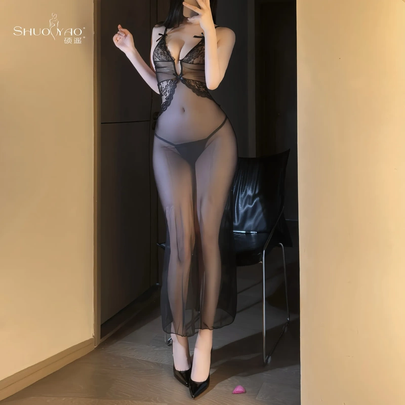 7004 Trendy Nightclub Couple Lingerie Lace Mesh Alluring Sheer Long Dress Sexy Pure Desire Dress