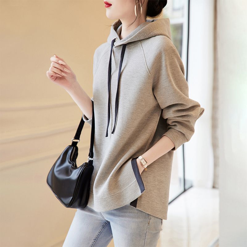 2025 Spring and Autumn New Style Gray Pure Cotton Hooded Sweatshirt for Women, Loose Fit, Belly-Covering, Slit Top, Fleece-Lined and Thickened Hoodie