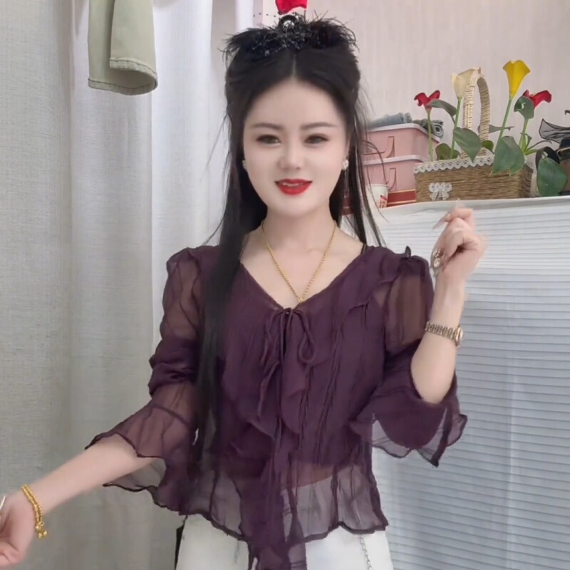 Spring and Summer Thin, Fashionable, Versatile, High-End, Stylish Ruffled Lace-Up Bell-Sleeve Sweet Blouse for Women