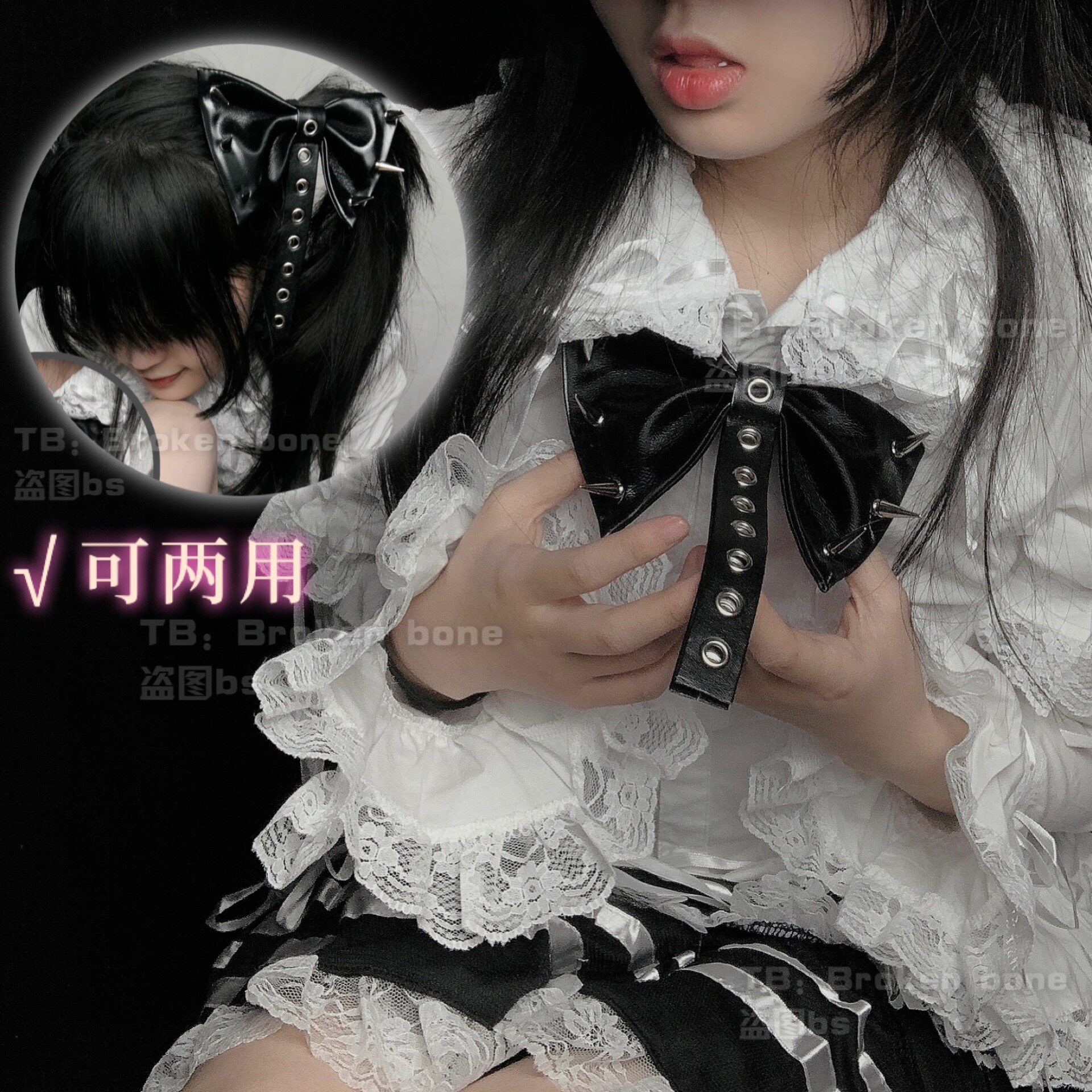 Broken bone original ultra practical punk gothic subculture rivet PU leather hair clip side clip hair clipping bow tie