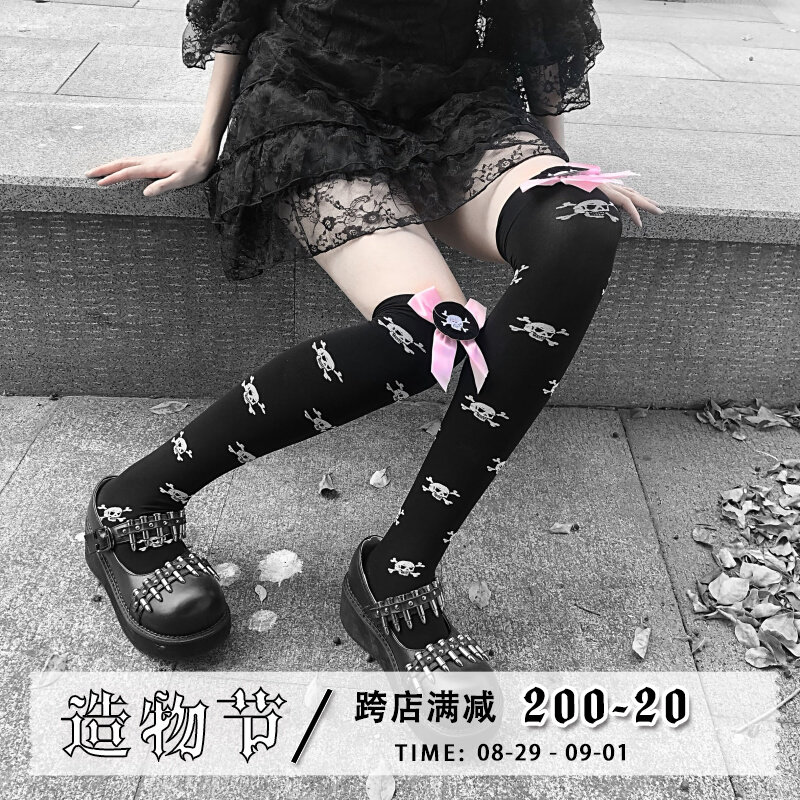 Broken bone punk day series Skull skull Roland Leita dark black original pink bow tie half-barrel pantyhose pantyhose