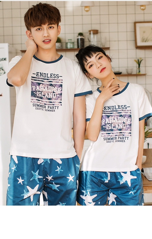 Bộ đồ ngủ ngắn tay nam Fenteng 2019 Xuân-Hè Mới Cotton trùm đầu Sinh viên Thanh niên Loose Casual Mặc nhà - Giống cái