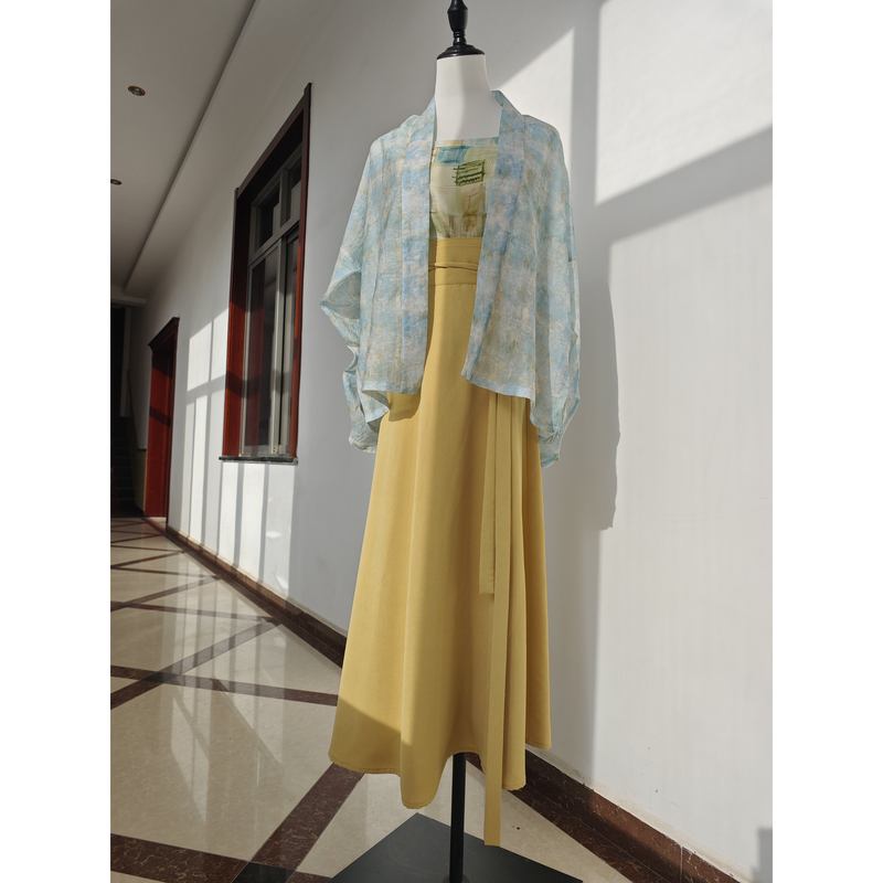 【Gardenia Yellow Cloud West】Yellow Hand-Embroidered Floral Hanfu Element 10-Panel Skirt, Twirling Skirt, Cinched Narrow Version Lower Skirt for Daily Wear