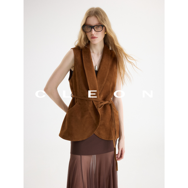 Cleon/African Imported Mixed Cashmere Waist-Tie Green Fruit Collar Sleeveless Blazer Vest