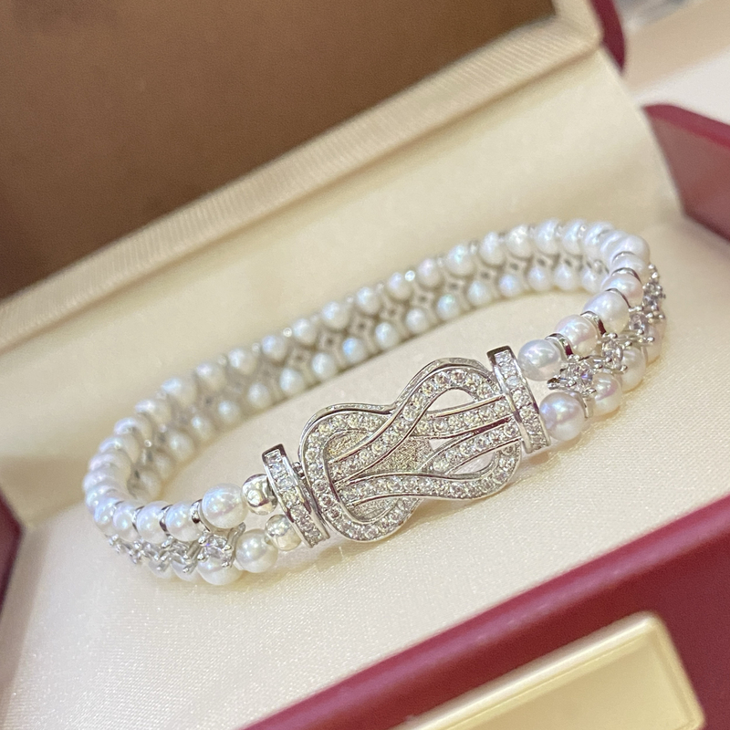 Super Beautiful~ Double-Layer Pearl Bracelet, Natural Freshwater Round 4mm Double-Row Bracelet, Gold-Plated Zircon Spacer, High-End New