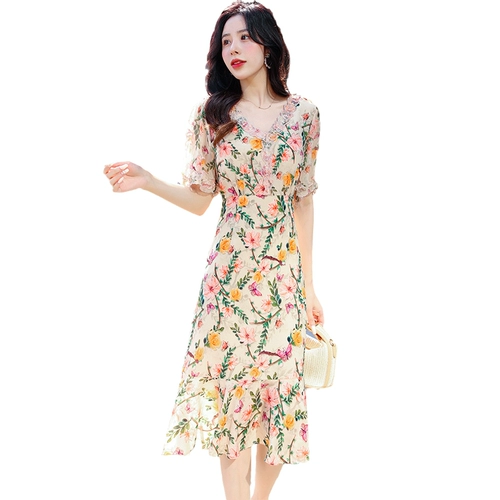 Платье, летняя шифоновая весенняя юбка, в цветочек