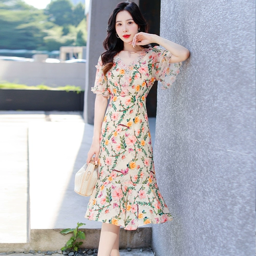 Платье, летняя шифоновая весенняя юбка, в цветочек