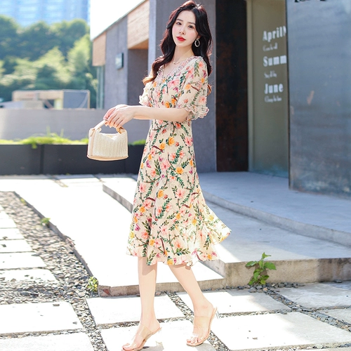 Платье, летняя шифоновая весенняя юбка, в цветочек