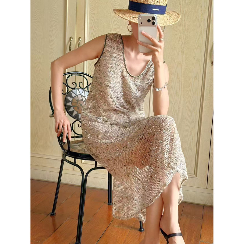 Bc Heavy Industries Beaded Hollow-Out Starry Sequin V-Neck Tank Dress, Lazy Old-Money Style Two-Piece Mid-Length Skirt Set