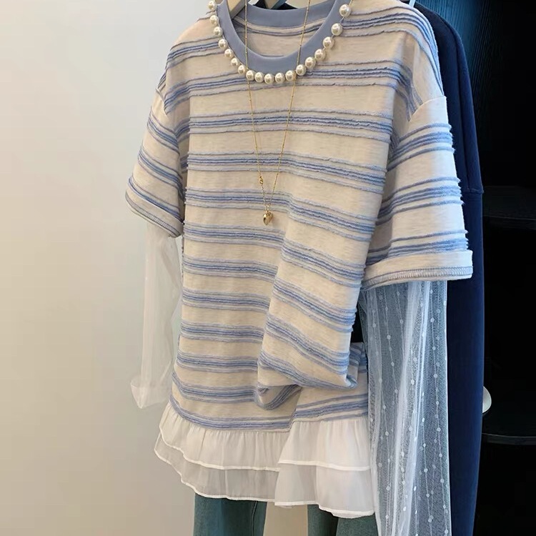 Korean Style Fake Two-Piece Blue Striped Beaded Lace Hem Long-Sleeve T-Shirt Women's Sun Protection Top 2026 Summer New Style