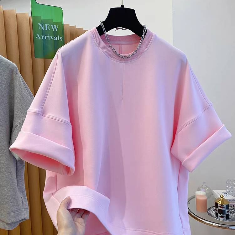 Space Cotton Dopamine Pink T-Shirt for Women, Short-Sleeved, New Style, Super Nice, Loose Fit, Oversized Round Neck Base Shirt, Summer Top